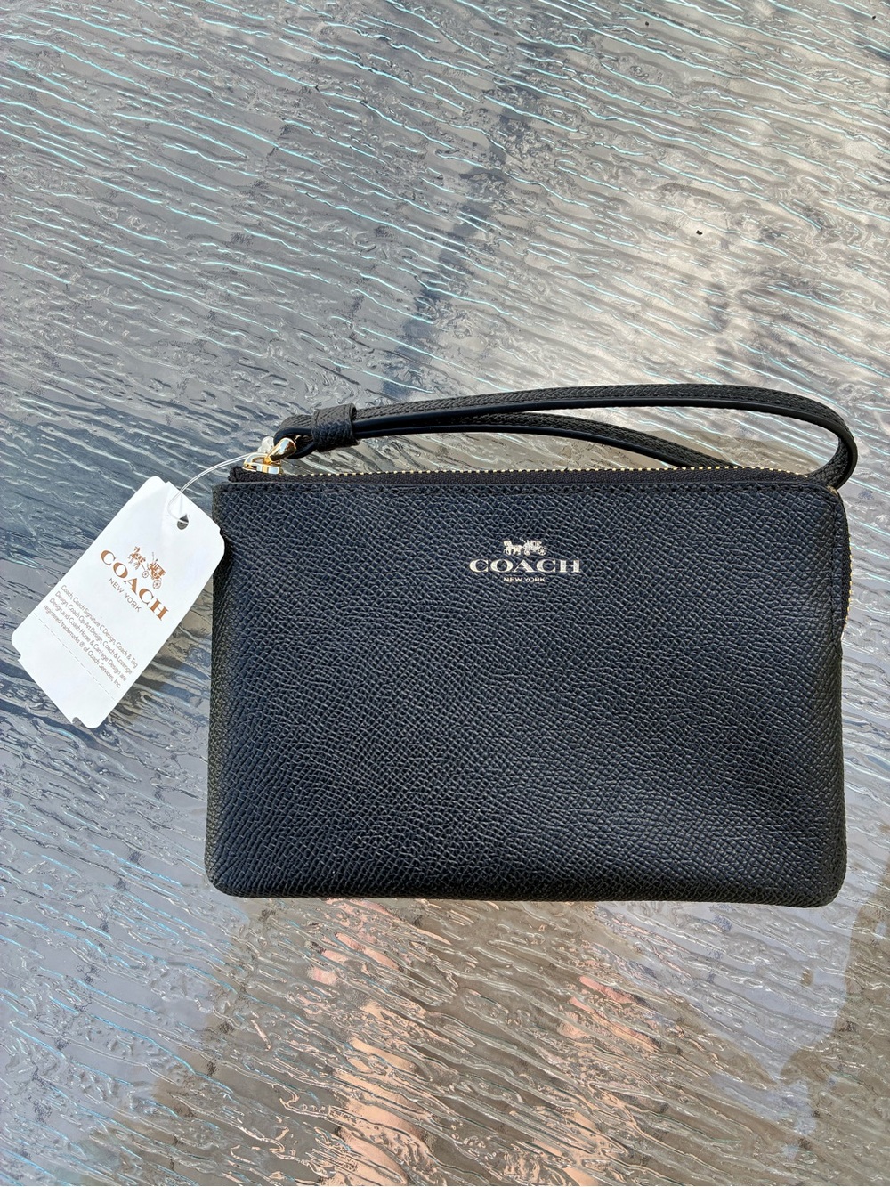 NWT Coach Black Saffiano Leather Corner Zip Wristlet Pouch with Gold Logo